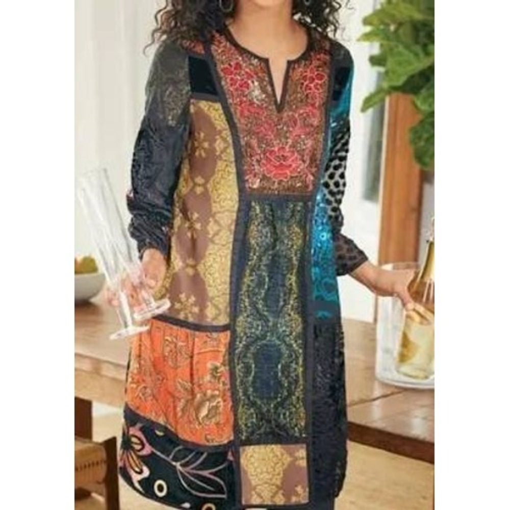 Soft Surroundings Adassa Tunic Top Sequin Velvet Patchwork Bohemian SZ Large - Picture 1 of 11